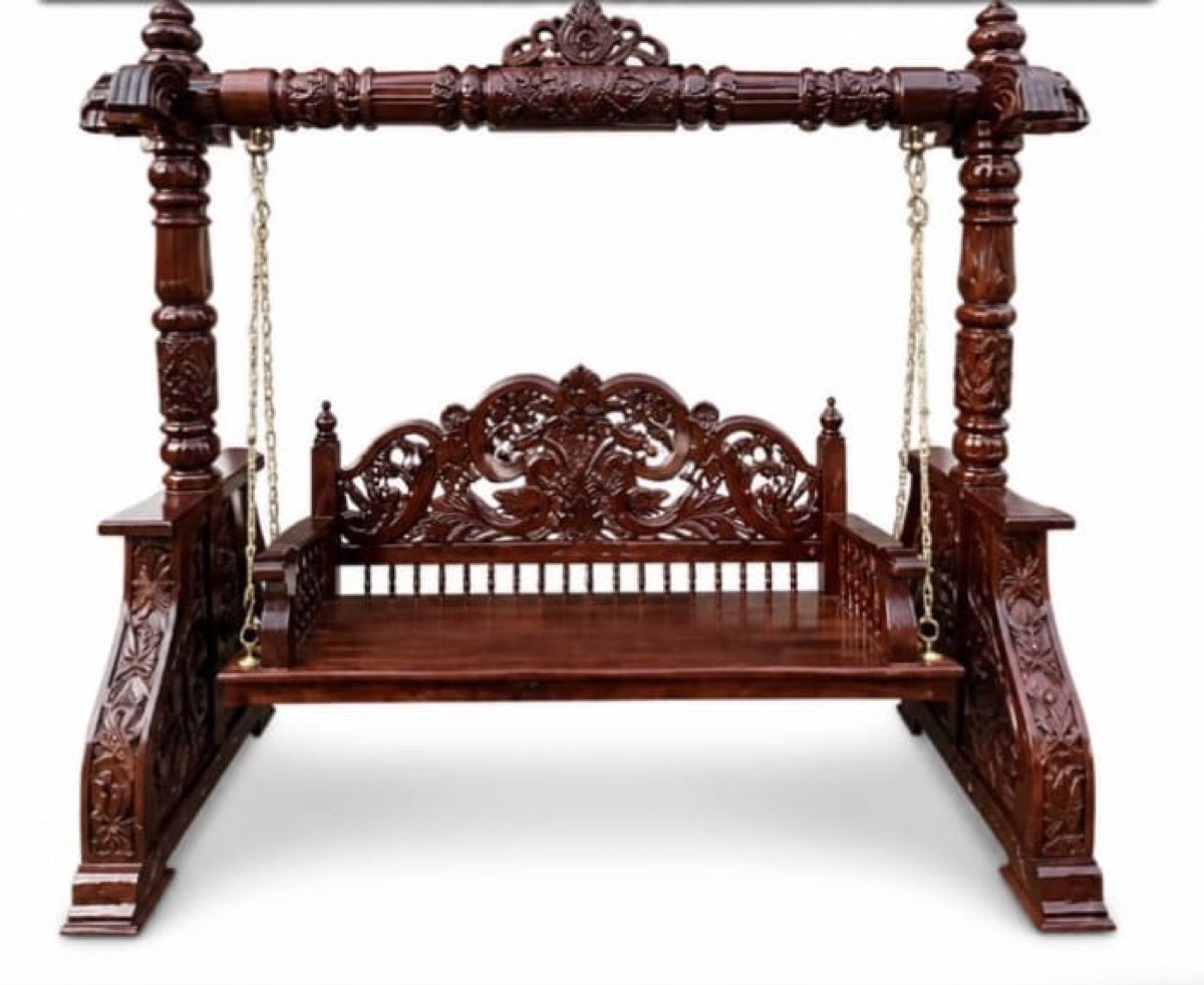 Front view of hand-carved wooden swing, white background